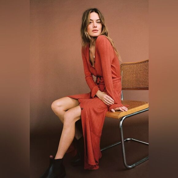 Anthropologie Orange Elsa Ribbed Knit Belted Maxi Sweater Dress Button Front XS - Picture 2 of 7